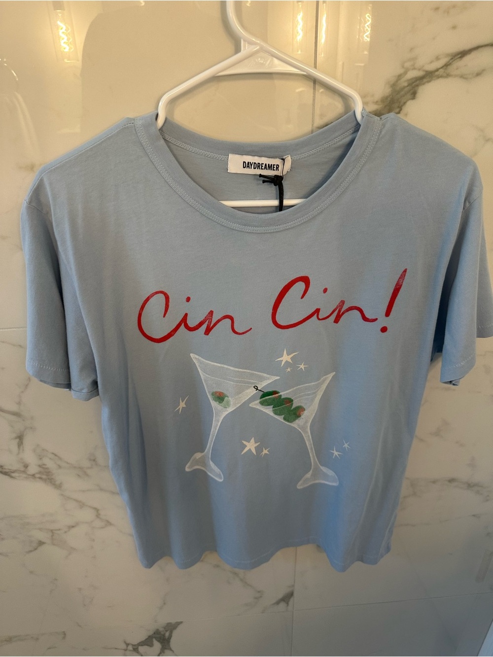 Daydreamer Light Blue "Cin Cin!" Short Sleeve Tee with Martini Graphic